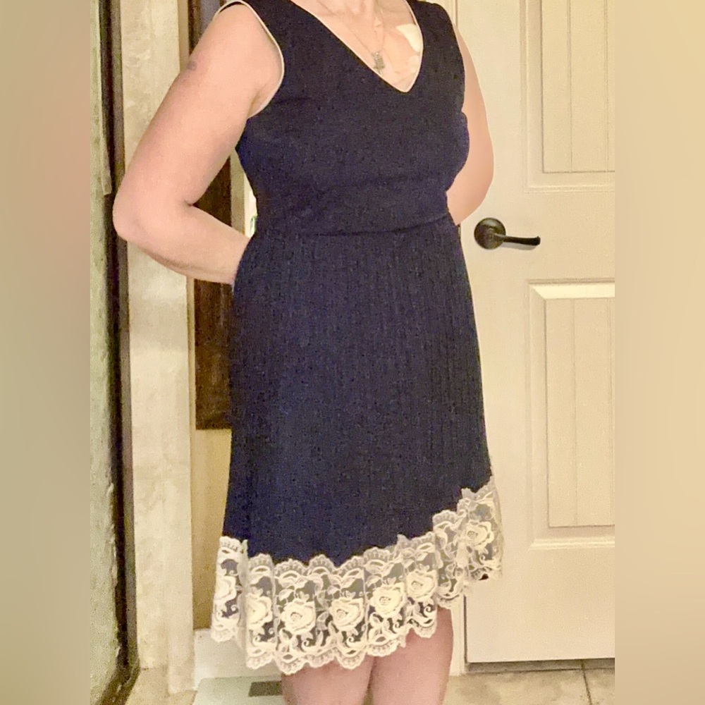 Adorable Navy Pleated dress with Gorgeous White Lace Hem-Cute with a sweater!